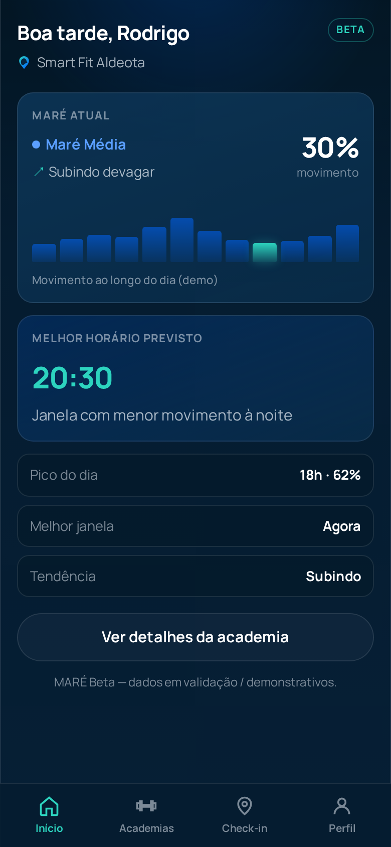 App MARÉ na home: Maré atual, percentual de movimento e melhor horário previsto